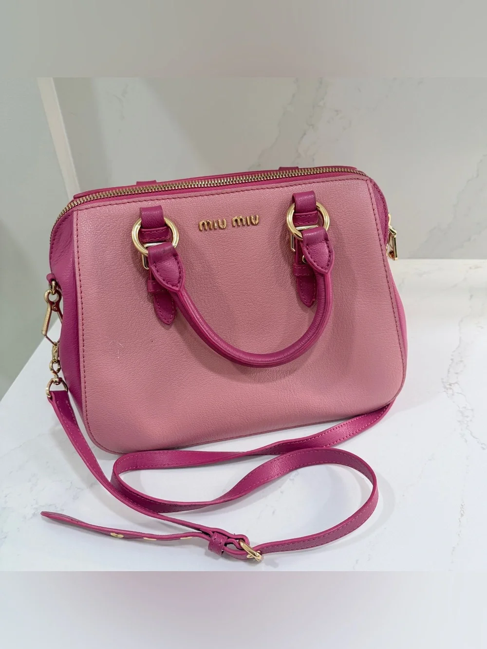 Miu Miu Two-Tone Pink Leather Satchel Crossbody Bag Gold Hardware Made Italy